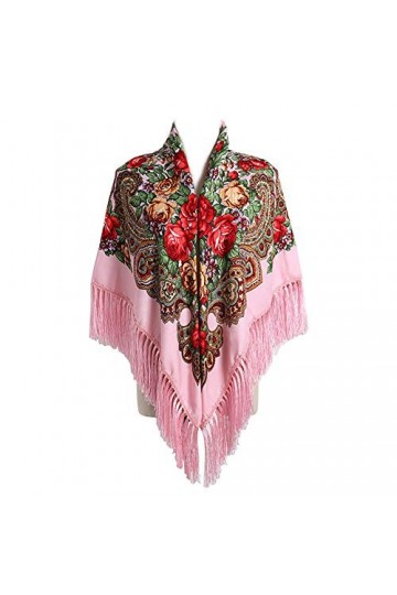 Gudessly Écharpe traditionnelle pour femme avec franges, cou, tête, châle rétro, imprimé floral, poncho, rose, taille unique