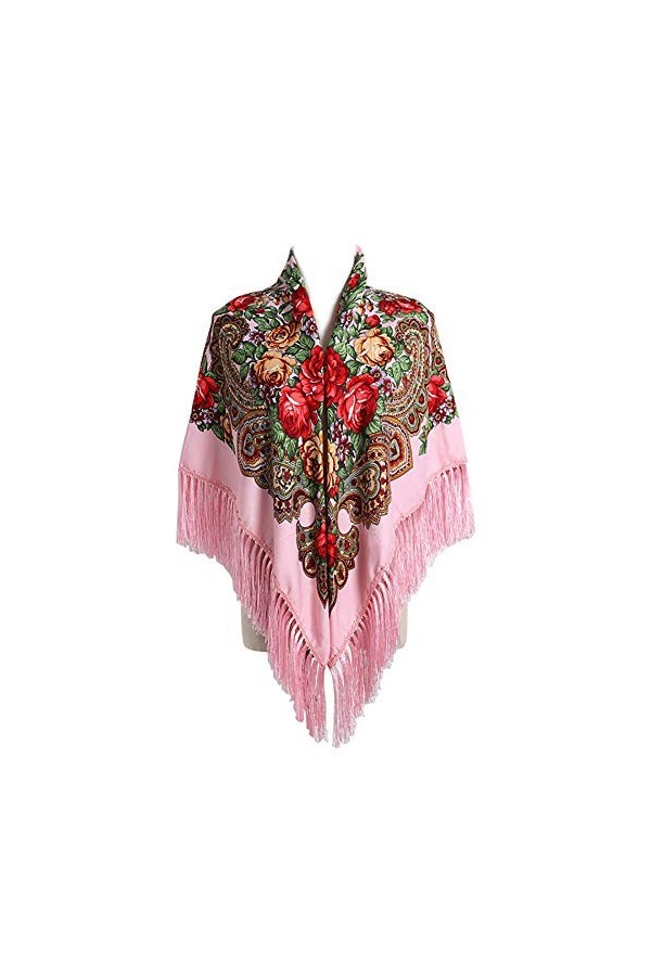 Gudessly Écharpe traditionnelle pour femme avec franges, cou, tête, châle rétro, imprimé floral, poncho, rose, taille unique