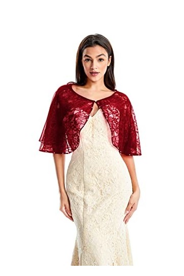 Keivvsh Capelets pour femme en mousseline de soie pour robe de soirée, cape de mariage, Rouge lacet nacré, taille unique
