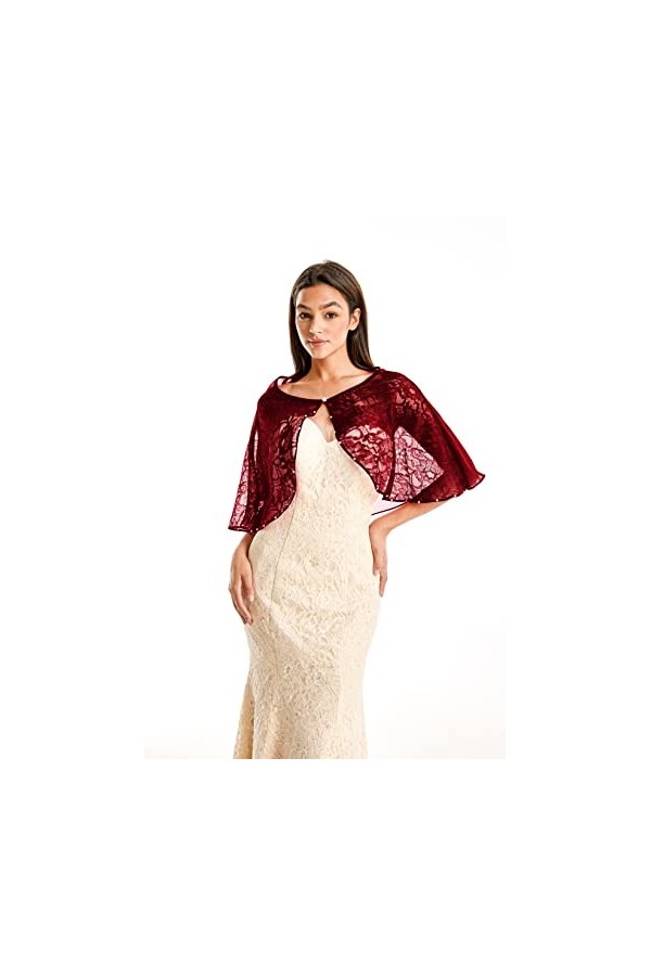 Keivvsh Capelets pour femme en mousseline de soie pour robe de soirée, cape de mariage, Rouge lacet nacré, taille unique