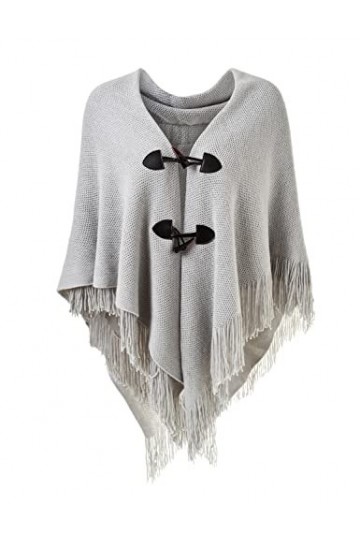 Ferand Poncho Châle Femme Elégant Chaud Ouvert Devant avec Bouton à Franges pour l Automne Hiver - Taille Unique - Gris