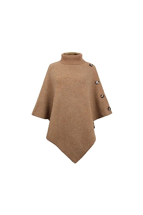 JFAN Poncho Femme Pull en Tricot à col Montant Quatre Boutons Élégant Ponchos et Capes Kaki