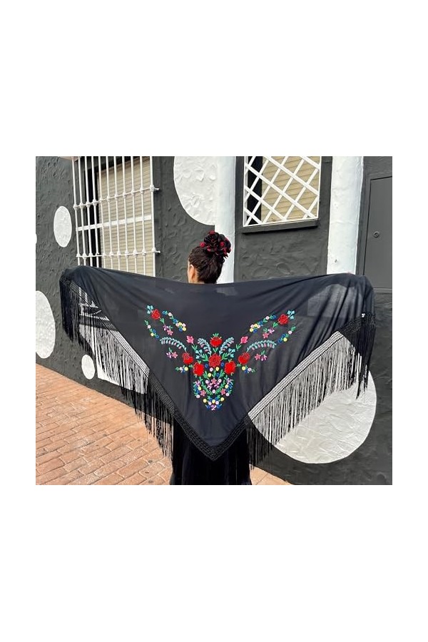 La Senorita Foulard Ceinture Chale De Danse Flamenco Broderie Frange noir différentes fleurs colorées Large