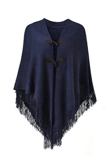 Ferand Poncho Châle Femme Elégant Chaud Ouvert Devant avec Bouton à Franges pour l Automne Hiver - Taille Unique - Bleu Mari