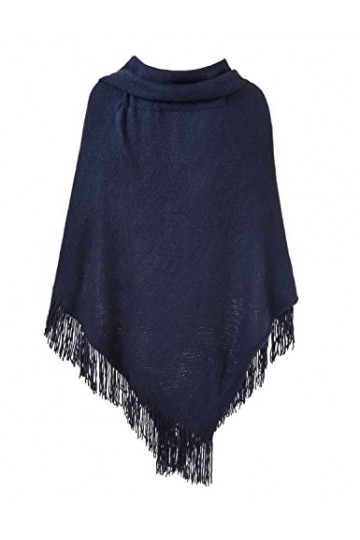 Ferand Poncho Châle Femme Elégant Chaud Ouvert Devant avec Bouton à Franges pour l Automne Hiver - Taille Unique - Bleu Mari