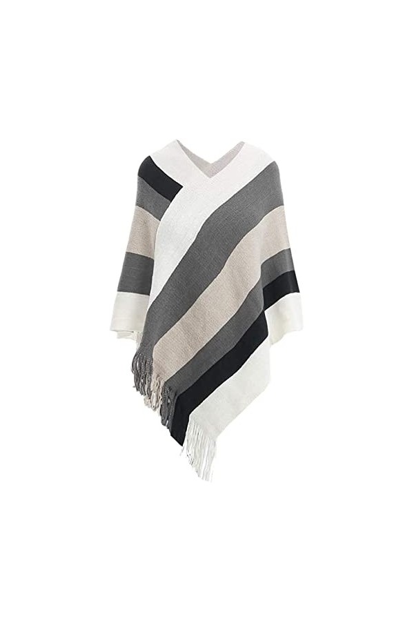 George Hilton Poncho enveloppant pour femme - Pull à rayures - Châle tricoté - Mode dhiver - Taille unique, blanc/gris, tail