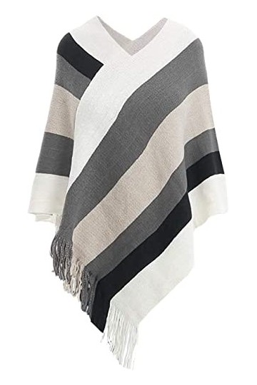 George Hilton Poncho enveloppant pour femme - Pull à rayures - Châle tricoté - Mode dhiver - Taille unique, blanc/gris, tail
