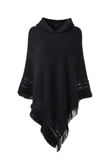 Ferand Chic Poncho Cape à Capuche en Crochet Chaud pour l Automne Hiver Femme - Taille unique - Blanc