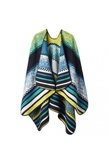 Poncho Châle Rétro Ouvert Femme - Plaid Imprimé Tricot Pull Manteau Gilet Large Long Pancho Tartan Style Capuche Chaud Grand 