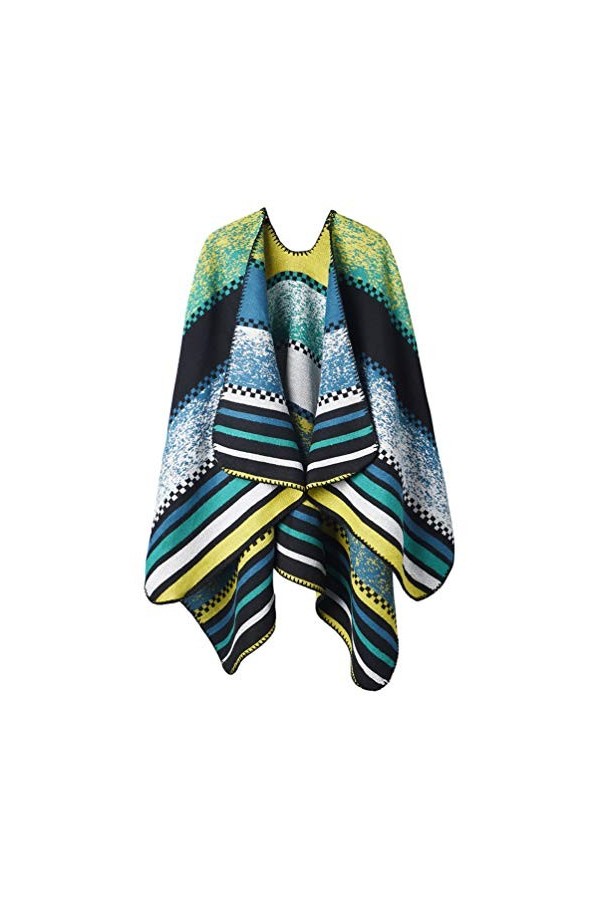 Poncho Châle Rétro Ouvert Femme - Plaid Imprimé Tricot Pull Manteau Gilet Large Long Pancho Tartan Style Capuche Chaud Grand 