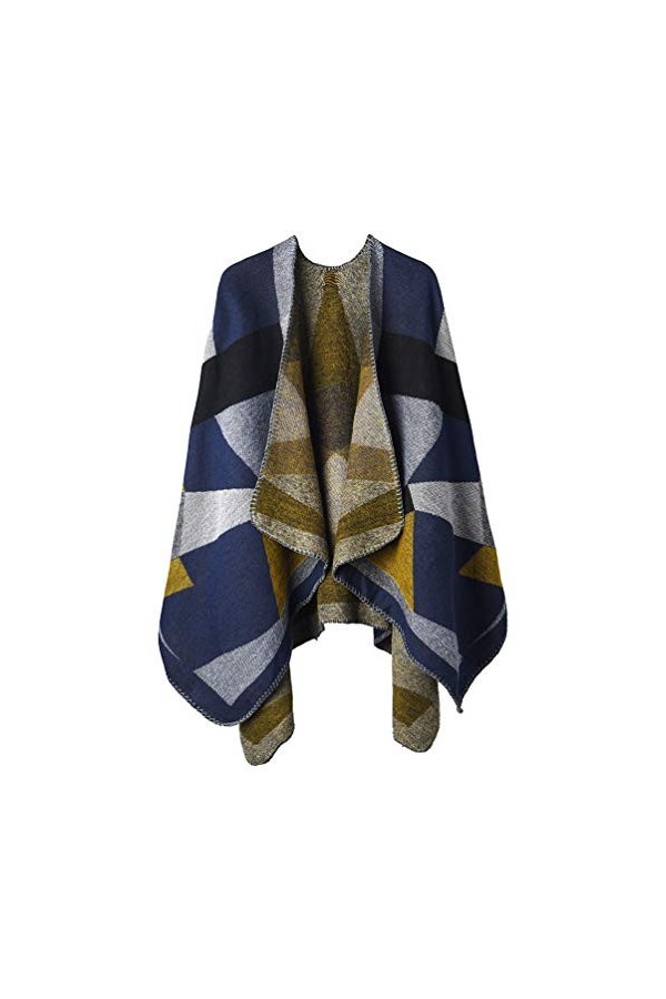 Poncho Châle Rétro Ouvert Femme - Plaid Imprimé Tricot Pull Manteau Gilet Large Long Pancho Tartan Style Capuche Chaud Grand 