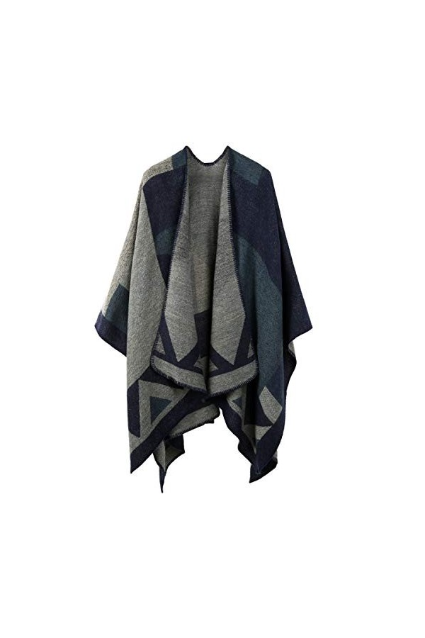 Poncho Châle Rétro Ouvert Femme - Plaid Imprimé Tricot Pull Manteau Gilet Large Long Pancho Tartan Style Capuche Chaud Grand 