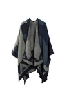 Poncho Châle Rétro Ouvert Femme - Plaid Imprimé Tricot Pull Manteau Gilet Large Long Pancho Tartan Style Capuche Chaud Grand 