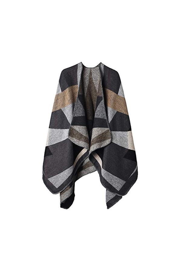 Poncho Châle Rétro Ouvert Femme - Plaid Imprimé Tricot Pull Manteau Gilet Large Long Pancho Tartan Style Capuche Chaud Grand 