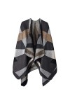 Poncho Châle Rétro Ouvert Femme - Plaid Imprimé Tricot Pull Manteau Gilet Large Long Pancho Tartan Style Capuche Chaud Grand 