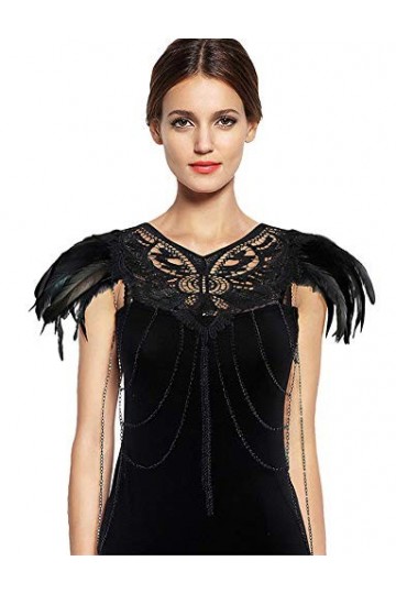 keland gothique plume noire épaulette cape dentelle corps ceinture pour la fête dhalloween Noir 
