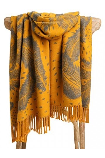 GFM® - Châle très doux en texture cachemire pour lautomne et lhiver - Conception de plumes de paon Pckshl-mtd-moutarde 
