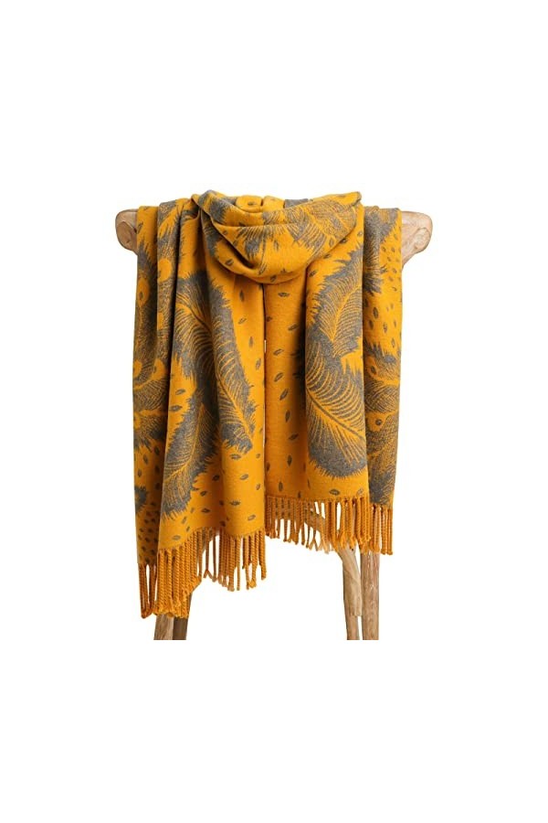 GFM® - Châle très doux en texture cachemire pour lautomne et lhiver - Conception de plumes de paon Pckshl-mtd-moutarde 