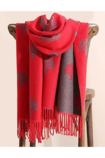 GFM® Châle ultra doux en cachemire mélangé – Arbre de vie, arbres ou plumes en relief CSHL-B , Tlife-red Grey, L