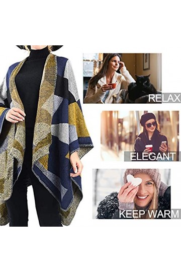 Yutdeng Poncho Châle Femme Automne et Hiver Tartan Tricoté Écharpe Élégant Cachemire Poncho Cape Chaud Réversible Rétro Ouver