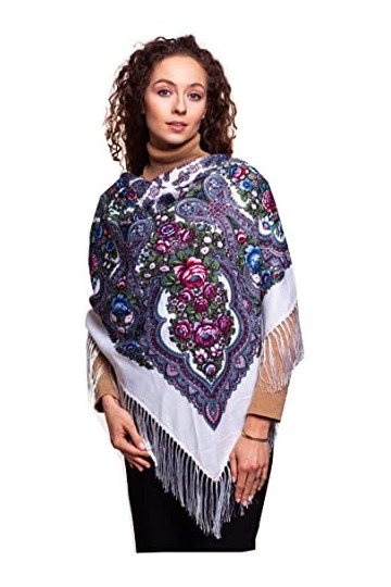 All 4 Decor Grand châle coloré de style culture russe slave, écharpe avec franges, 110 cm x 110 cm, Blanc/bleu