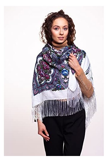 All 4 Decor Grand châle coloré de style culture russe slave, écharpe avec franges, 110 cm x 110 cm, Blanc/bleu