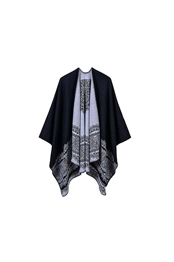 Châle De Femme Écharpe Poncho Foulards Avec Dessin Rétro Surdimensionné Pour Automne Et Hiver Noir, 130cm*150cm 