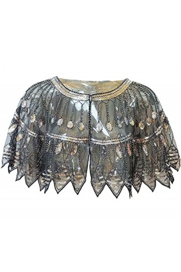 Châle style des années 1920 - Cape de soirée avec perles et paillettes, Noir/argenté, taille unique