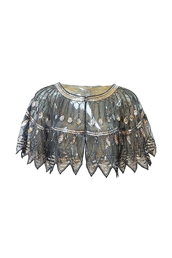 Châle style des années 1920 - Cape de soirée avec perles et paillettes, Noir/argenté, taille unique