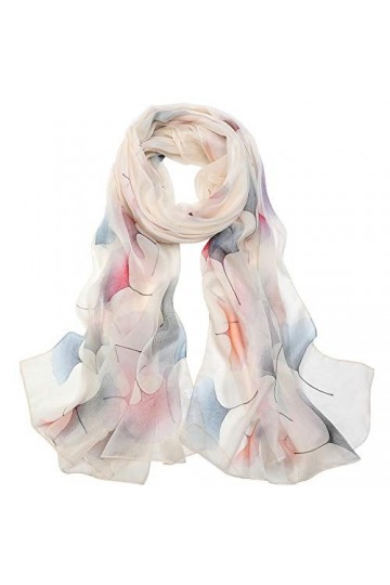 Foulard Femme Écharpe 100% Soie Grande Chale Légère Etole Elégante Silk Cadeau XXL 175 x 65cm Ginkgo blanc 