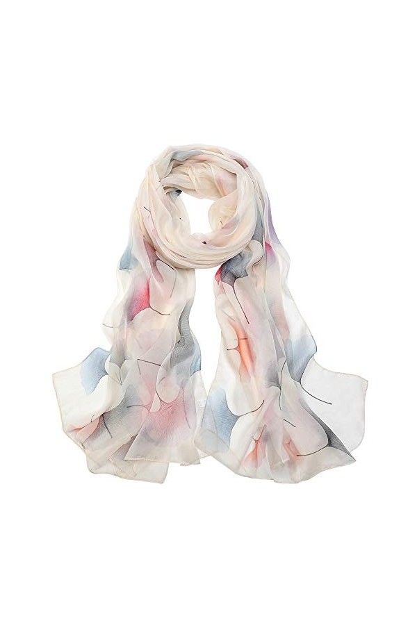 Foulard Femme Écharpe 100% Soie Grande Chale Légère Etole Elégante Silk Cadeau XXL 175 x 65cm Ginkgo blanc 