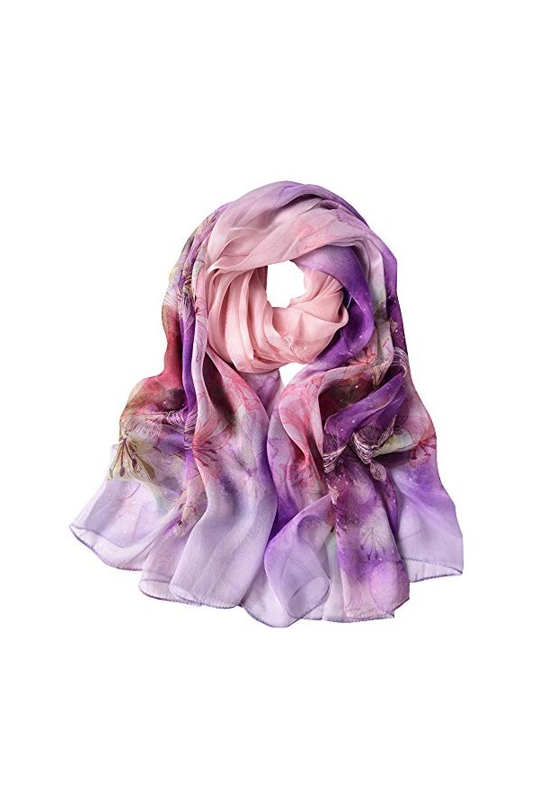 Foulard Femme Écharpe 100% Soie Grande Chale Légère Etole Elégante Silk Cadeau XXL 175 x 65cm Ginkgo blanc 