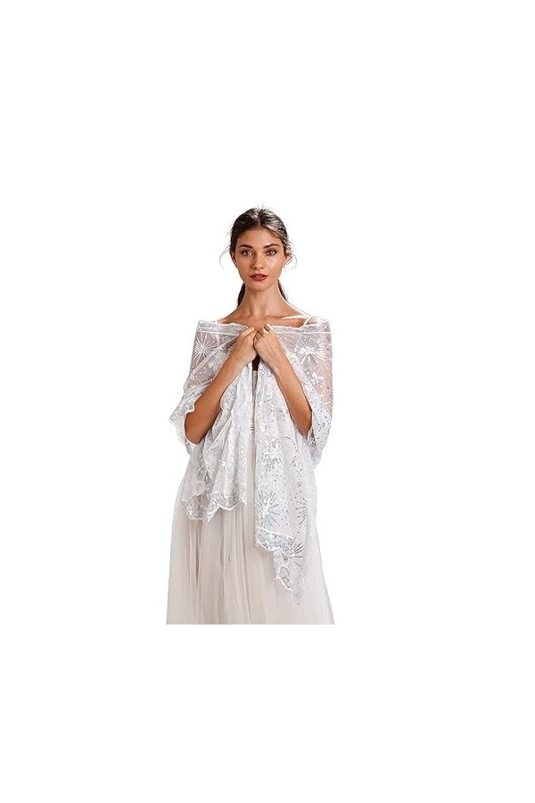 Central Chic Châle pashmina blanc avec paillettes argentées étoiles et lunes pour les mariages dhiver et les fêtes de Noël, 