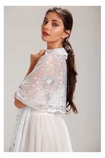Central Chic Châle pashmina blanc avec paillettes argentées étoiles et lunes pour les mariages dhiver et les fêtes de Noël, 