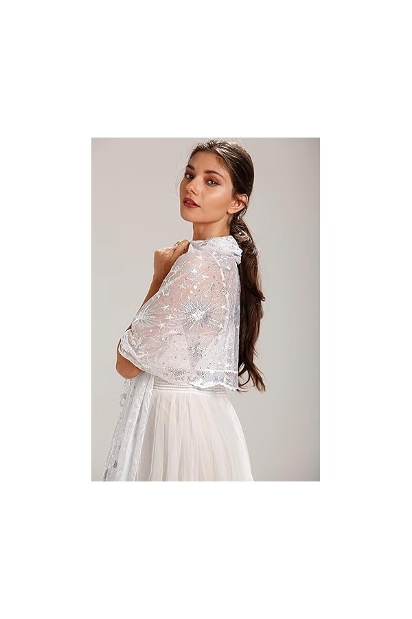 Central Chic Châle pashmina blanc avec paillettes argentées étoiles et lunes pour les mariages dhiver et les fêtes de Noël, 