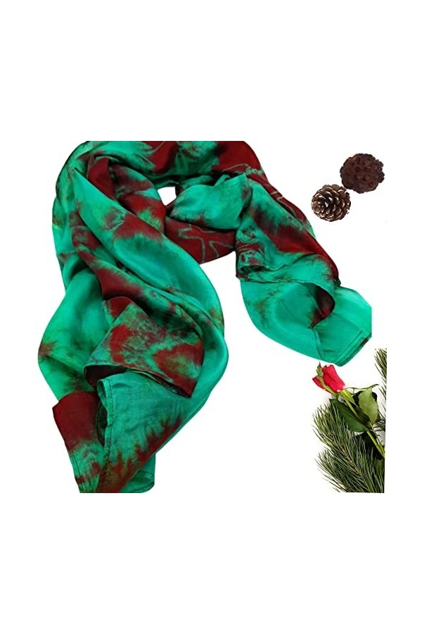 Écharpe 100 % soie verte et marron pour femme