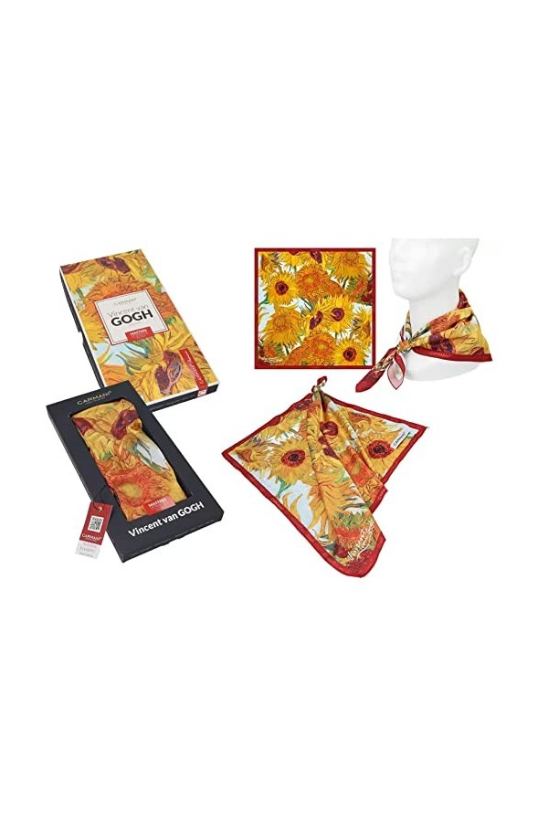 CARMANI - Foulard tendance pour femme avec Vincent van Gogh, tournesols, 90 x 90 cm, multicolore, 90X90 cm
