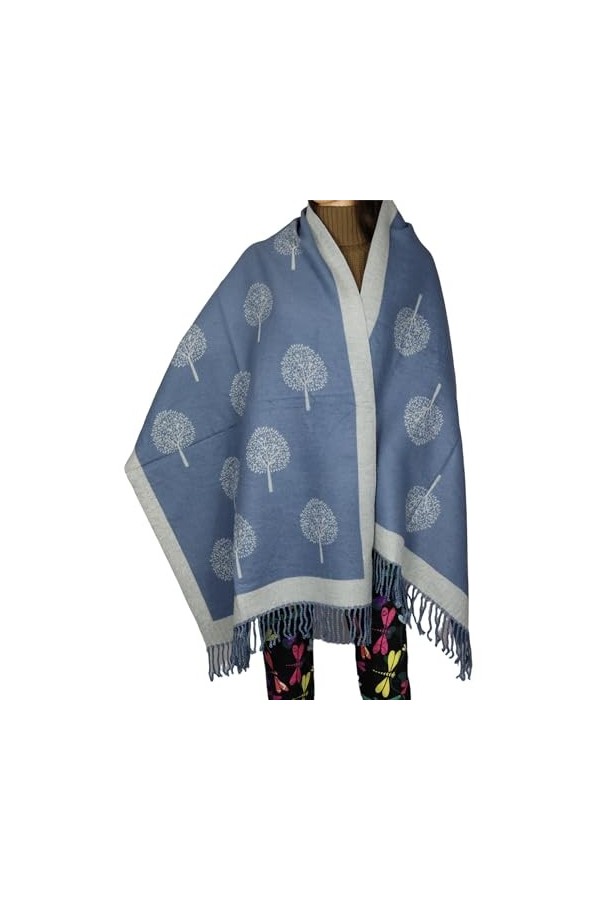 Couverture pour femme - Châle dhiver à pompons Melburry - Doux au toucher - Réversible - Arbre de vie, Bleu., L