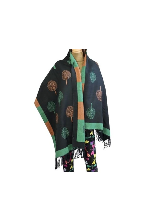 Couverture pour femme - Châle dhiver à pompons Melburry - Doux au toucher - Réversible - Arbre de vie, Bleu., L