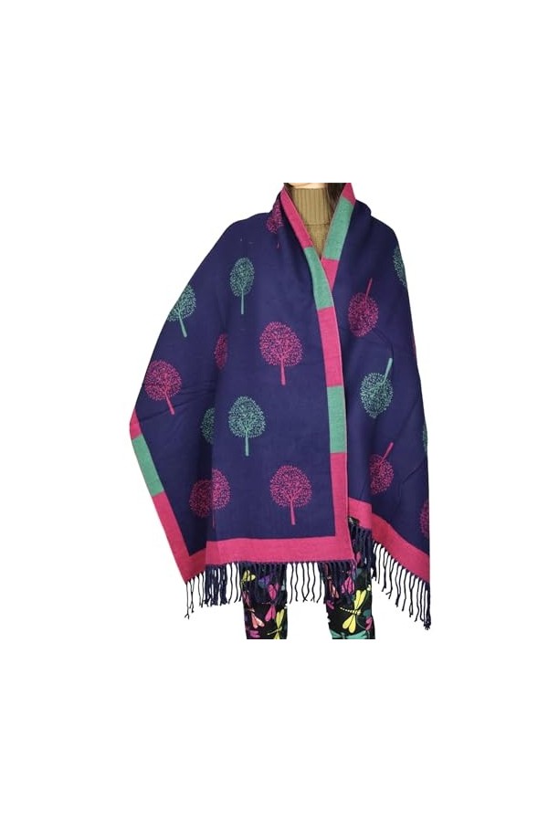 Couverture pour femme - Châle dhiver à pompons Melburry - Doux au toucher - Réversible - Arbre de vie, Bleu., L