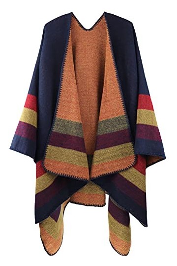 Shmily Girl Femme Cape Poncho Extra Large écharpe Châle Blanket Poncho Automne Hiver One Size, Rayé/Bleu Marine 
