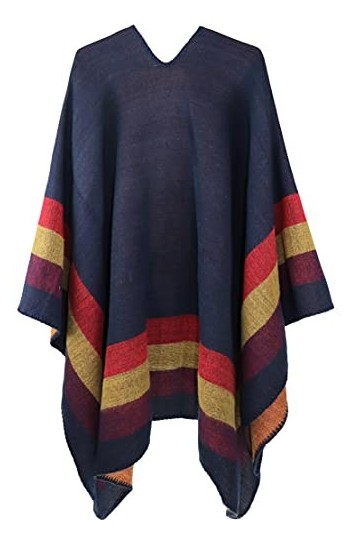Shmily Girl Femme Cape Poncho Extra Large écharpe Châle Blanket Poncho Automne Hiver One Size, Rayé/Bleu Marine 