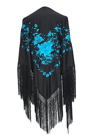 La Senorita Foulard Ceinture Chale De Danse Flamenco Broderie noir fleurs bleu Large