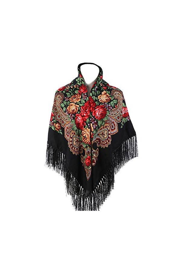 Gudessly Écharpe traditionnelle pour femme - Châle à franges - Style rétro - Imprimé floral, noir, taille unique
