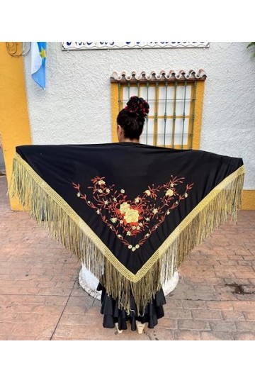 La Senorita Foulard Ceinture Chale De Danse Flamenco Broderie Frange d or, noir d or orange Grande