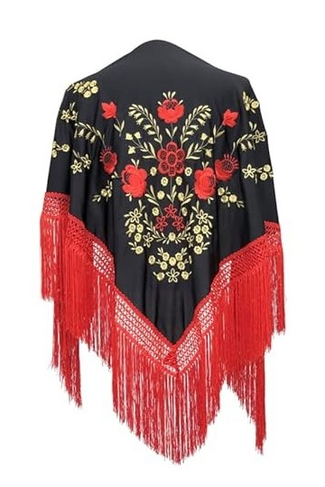 La Senorita Foulard Ceinture Chale De Danse Flamenco Broderie noir rouge dor Frange rouge Grande