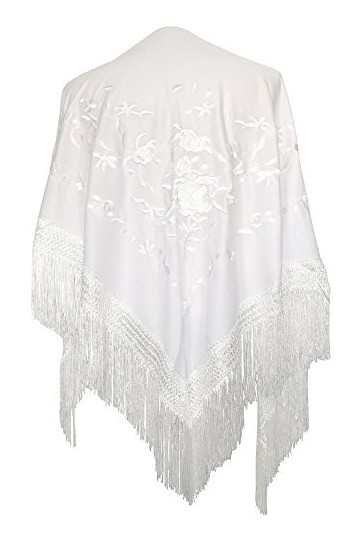 La Senorita Foulard Ceinture Chale De Danse Flamenco Broderie Frange blanc fleurs blanc Large