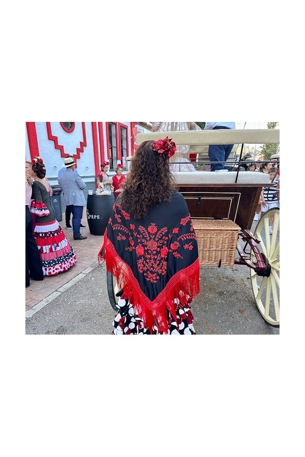 La Senorita Foulard Ceinture Chale De Danse Flamenco Broderie noir rouge Franges rouge Large