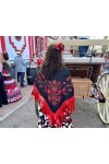 La Senorita Foulard Ceinture Chale De Danse Flamenco Broderie noir rouge Franges rouge Large