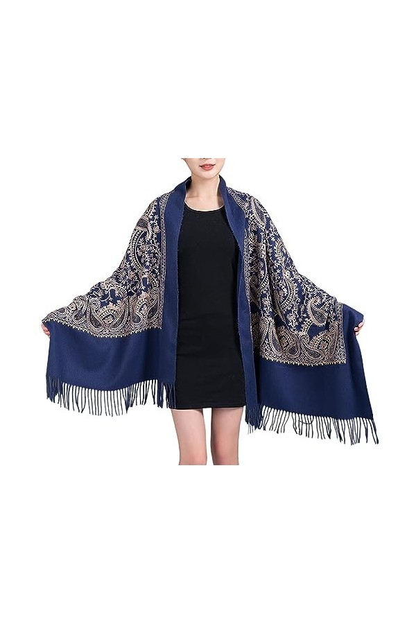 GFM® EMBSHL-A Châle en laine texturée, cachemire brodé, automne-hiver - bleu marine - EMBSHL-4 ghnl 